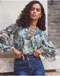 Sosandar - Floral Print Metallic Stripe Blouse With Lace Up Detail