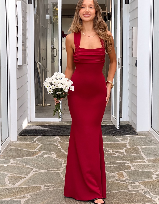 Beginning Boutique - Beverley Wine Crepe Maxi Dress