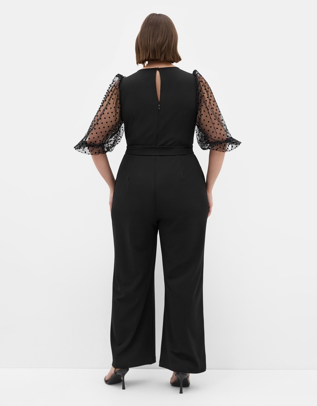 City Chic - Plus size Asher Spot Mesh Sleeve Jumpsuit - black