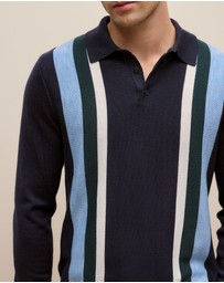 Trenery - Merino Graphic Stripe Long Sleeve Polo in Navy