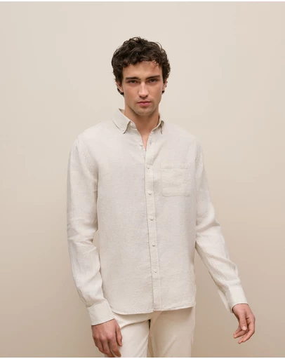 Trenery - Regular Fit Linen Micro Check Long Sleeve Shirt in Stone