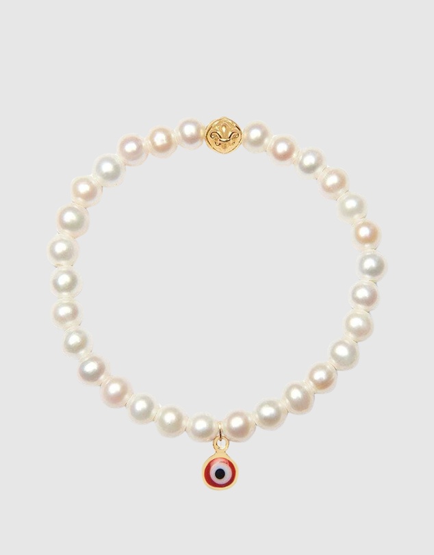 Nialaya Jewellery - Wristband with White Pearls and Red Evil Eye Charm