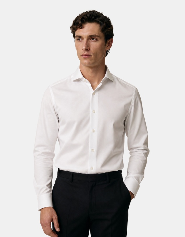 Henry Bucks - HENRY SARTORIAL Slim Plain Twill Shirt Double Cuff WHITE
