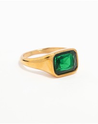 Lovisa - Waterproof Gold Plated Stainless Steel Opulent Green Cubic Zirconia Signet Ring