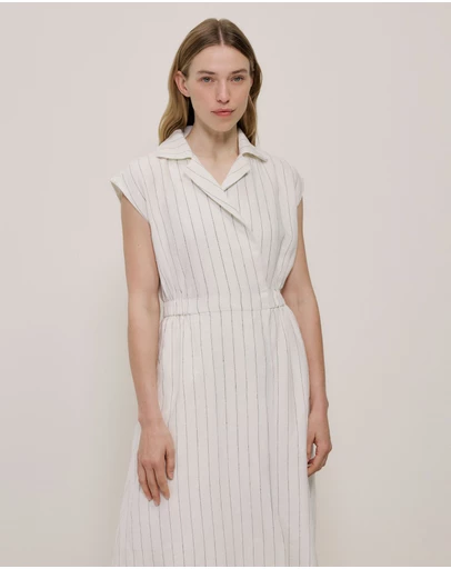 Trenery - Linen Stripe Wrap Detail Dress in Parchment