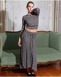 Love and Nostalgia - Alexa Striped Asymmetrical Skirt - Black / Nude