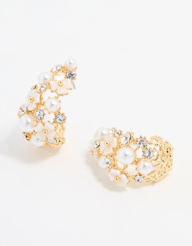 Lovisa - Gold Plated Diamante & Pearl Flower Hoop Earrings