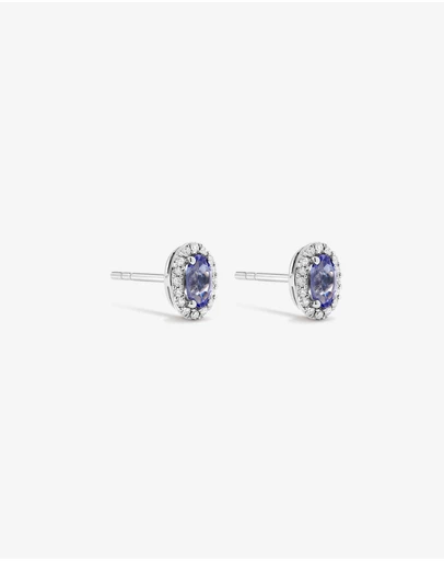 Michael Hill - Oval Cut Blue Tanzanite Gemstone and 0.12 Carat TW Diamond Halo Stud Earrings in 10kt White Gold