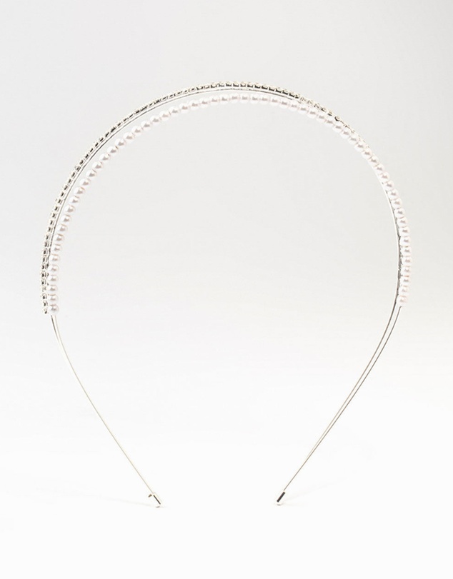 Lovisa - Silver Plated Double Layered Pearl & Crystal Headband