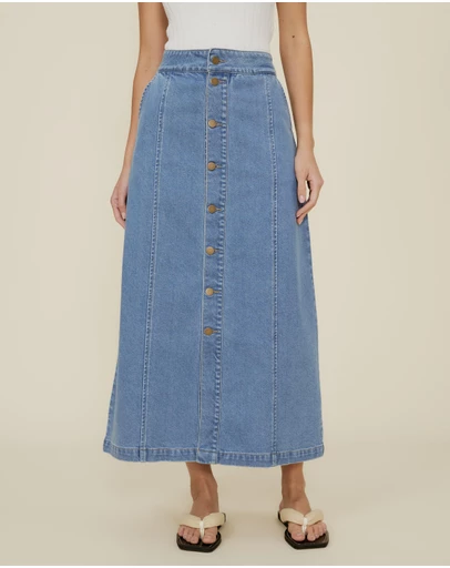 The Fated - Denim Midi Skirt With Buttons
