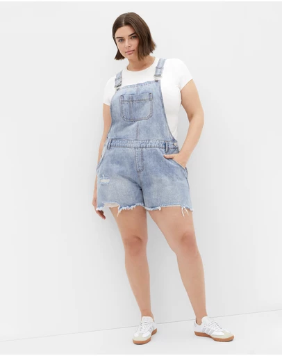 City Chic - Plus size Rip Short Denim Overall - light wash