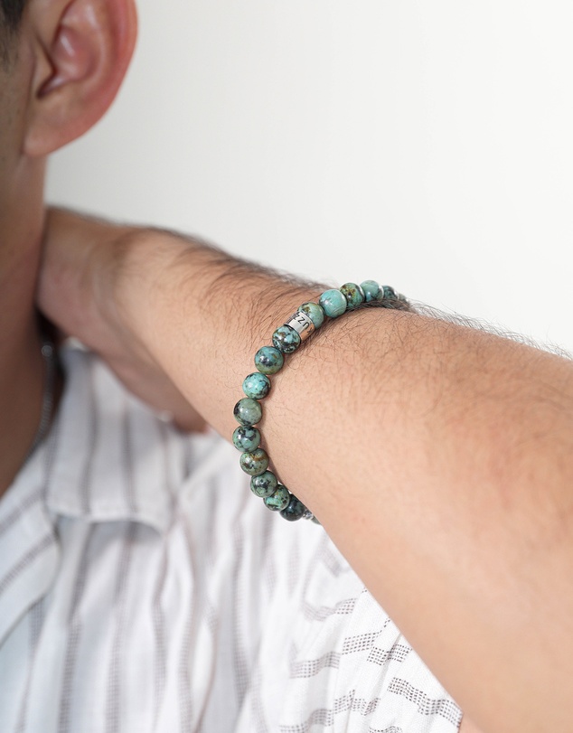 Kuzzoi - ICONIC EXCLUSIVE - Bracelet Male Turquoise Greenish-Brown Beads 925 Sterling Silver