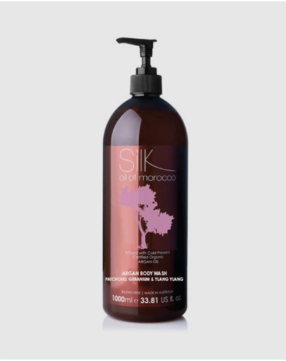 Silk Oil of Morocco - 1 Litre Argan Hand and Body Wash - Patchouli, Geranium & Ylang Ylang