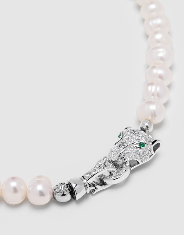 Nialaya Jewellery - Women's Pearl Choker with Silver Panther Head