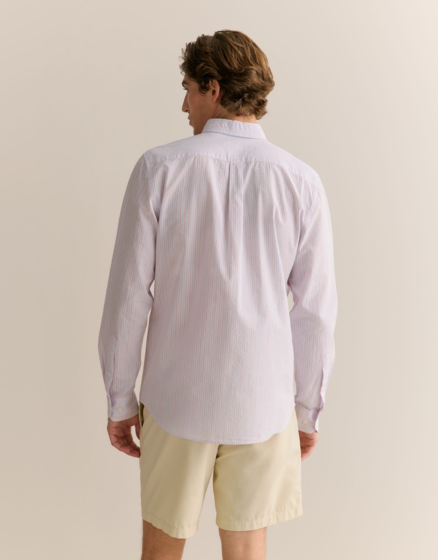 Trenery - Regular Fit Cotton Seersucker Stripe Shirt in Wedgewood Blue