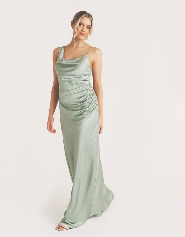 Six Stories - Cowl Front Asymmetrical Satin Bridesmaid Dress