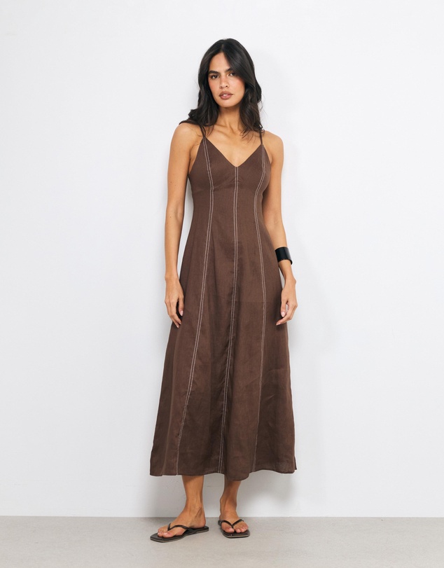 AERE - Maie Contrast Stitch V Neck Linen Midi Dress