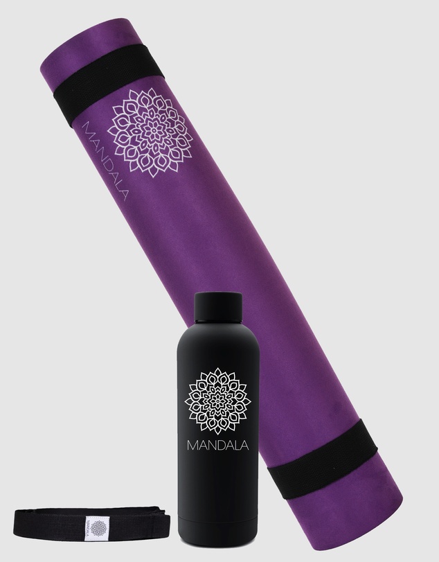 Mandala - Mandala Yoga Mat Premium Bundle, Includes Yoga Mat 188cm H x 61cm W, Yoga Strap & Steel Hydration Bottle - Purple