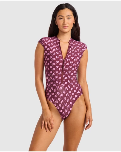 Seafolly - Batik Bloom Cap Sleeve Zip Front One Piece Swimsuit