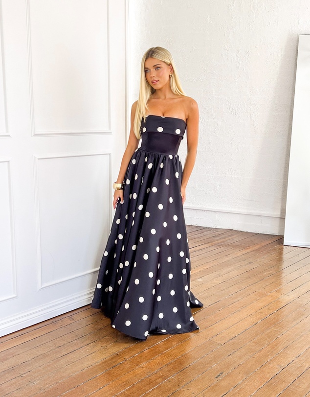 Beginning Boutique - Julianne Strapless Polka Dot Satin Maxi Dress