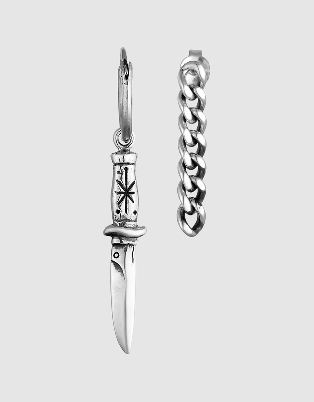 Haze & Glory - ICONIC EXCLUSIVE - Dagger and Chain Hoop Earrings in Oxidised 925 Silver