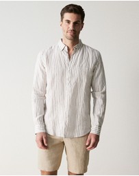 Trenery - Regular Fit Delave Linen Bold Stripe Shirt in Sahara