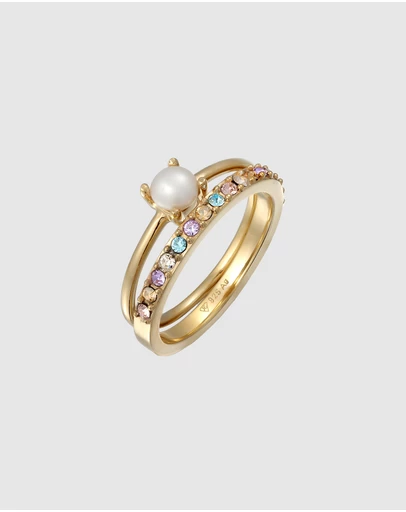Elli Jewelry - Ring Set with Pearls and Multicolor Crystals 925 Sterling Silver Gold-plated