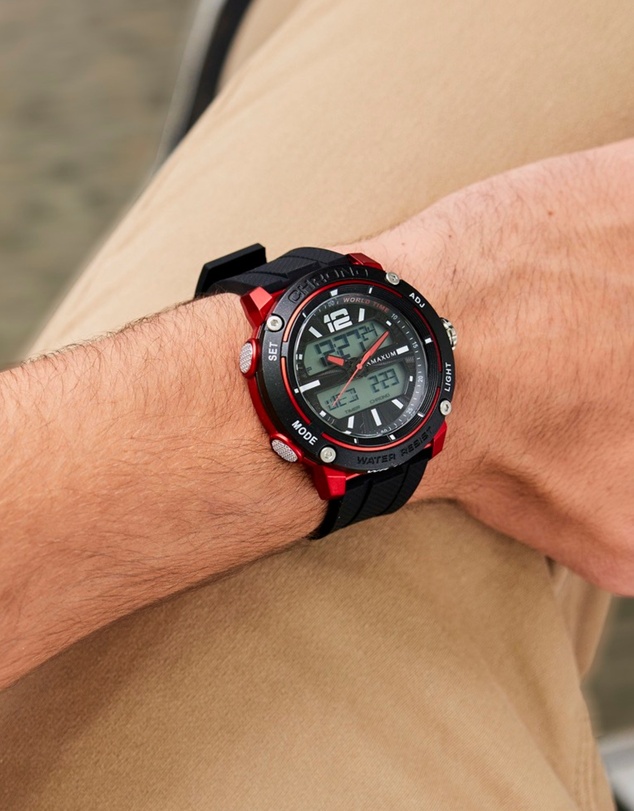 Maxum - CONQUEST Black and Red Analogue and Digital Watch