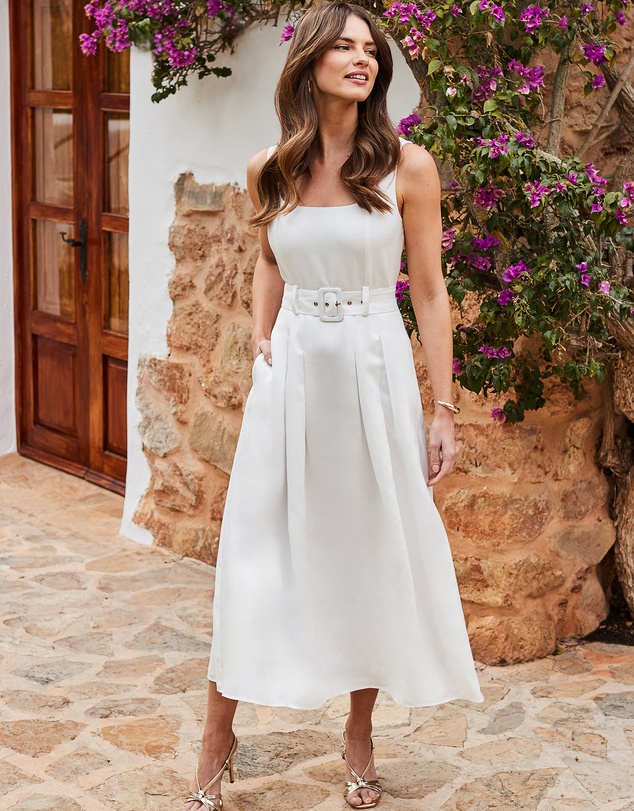 Sosandar - Strappy Full Cotton Skirt Belted Midi Dress