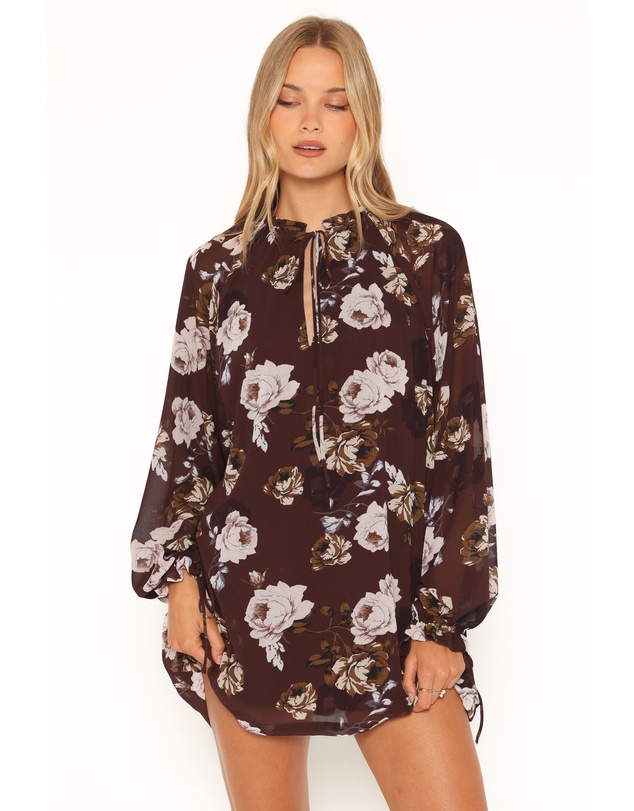 Petal & Pup - Sigrid Tie Cuff Mini Dress - Brown Floral