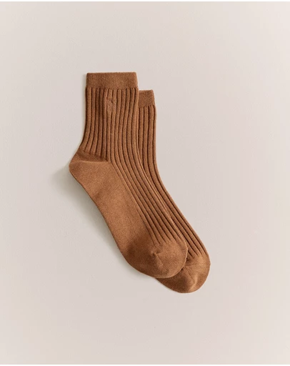 Trenery - Monogram Rib Crew Sock in Dark Camel