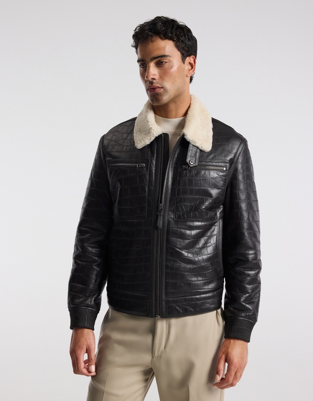 Calibre - Croc Embossed Leather Shearling Jacket Chocolate