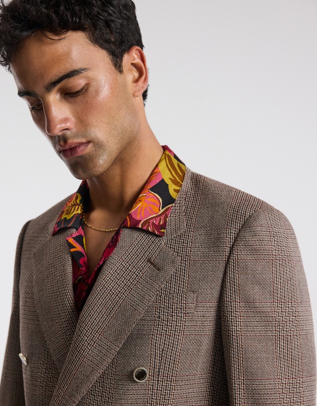 Calibre - Double-Breasted Glen Check Wool Blazer Mahogany
