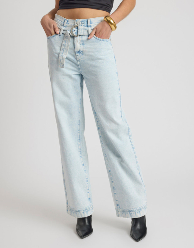 ONE TEASPOON - Jackson Belted Mid Waist Wide Leg Denim Jeans - Beach Blue