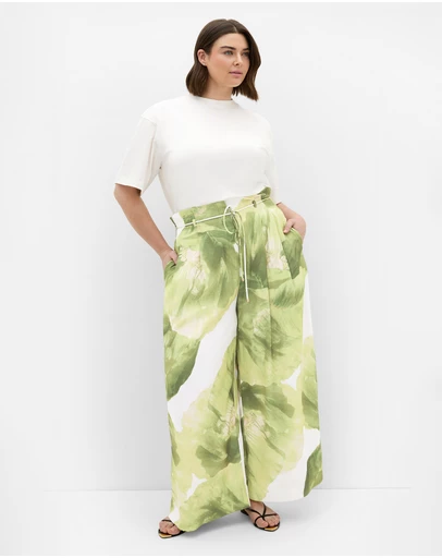 City Chic - Plus size Elisa Matcha Print Wide Leg Pant - ivory
