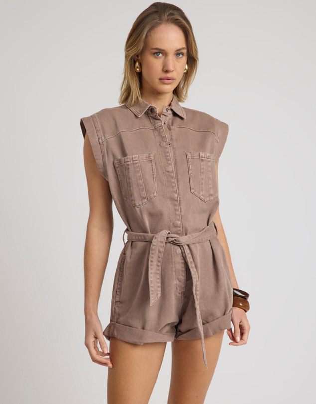 ONE TEASPOON - Bandit Aviator Mini Denim Jumpsuit - Espresso Brown