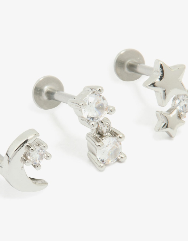 Lovisa - Surgical Steel Cubic Zirconia Mixed Threadless Flat Back Studs 3-Pack