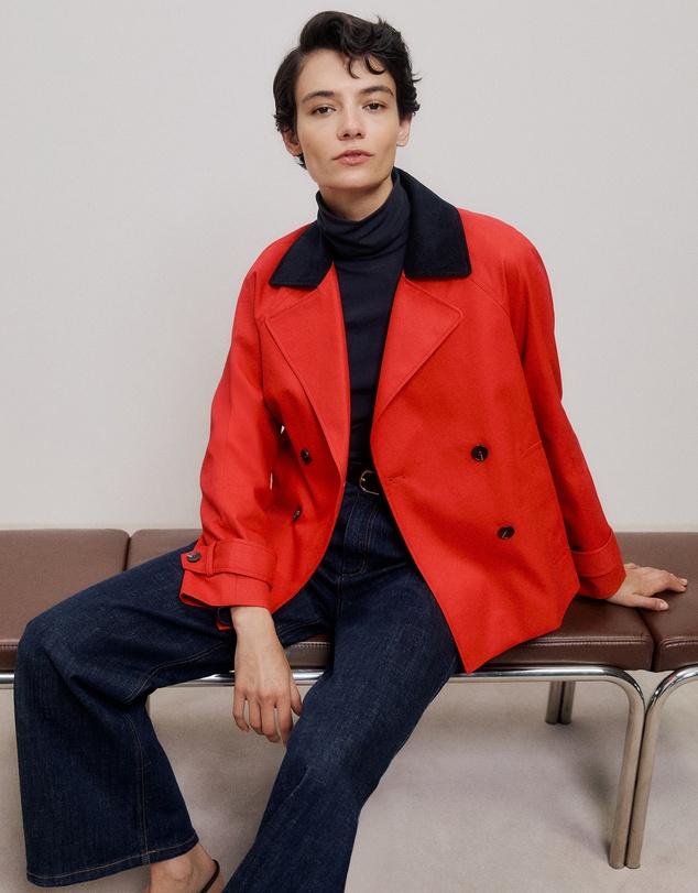 Trenery - Corduroy Collar Short Trench in Spice Red