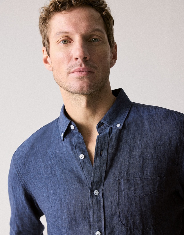 Trenery - Regular Fit Delave Linen Long Sleeve Shirt in French Navy