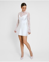 Six Stories - Lace Sleeve Cowl Satin Mini Dress