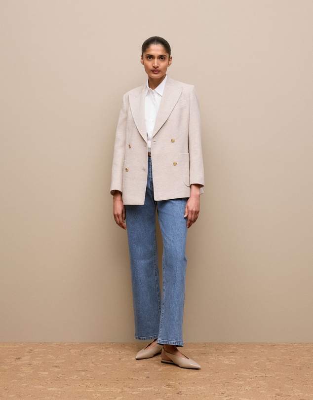 Trenery - Pique Blend Double Breasted Blazer in Stone
