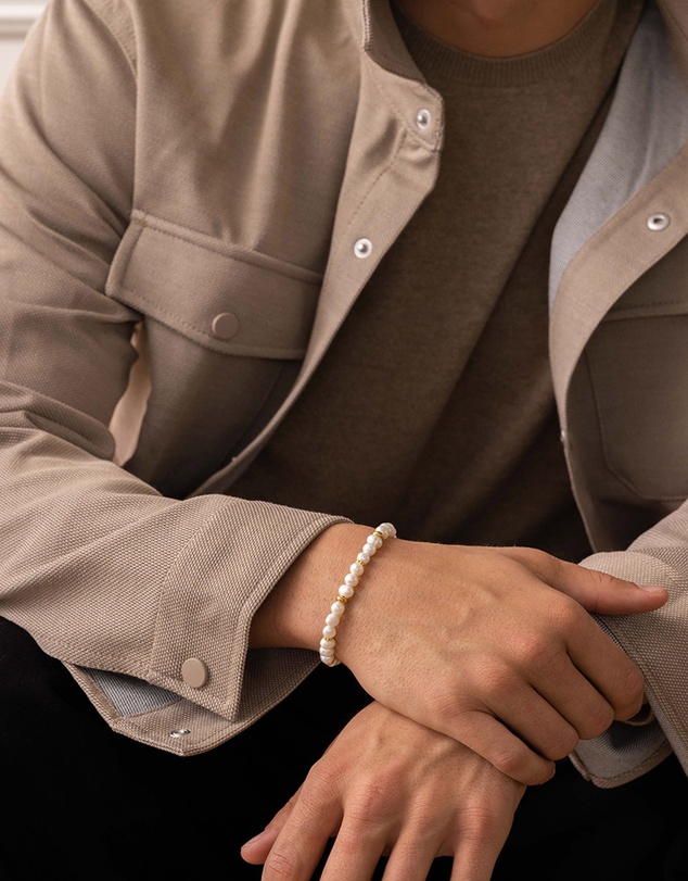 Nialaya Jewellery - Men's Beaded Bracelet with Pearl and Gold