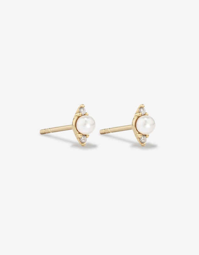 Michael Hill - Three Stone Cultured Freshwater Pearl and Diamond Stud Earrings in 10kt Yellow Gold