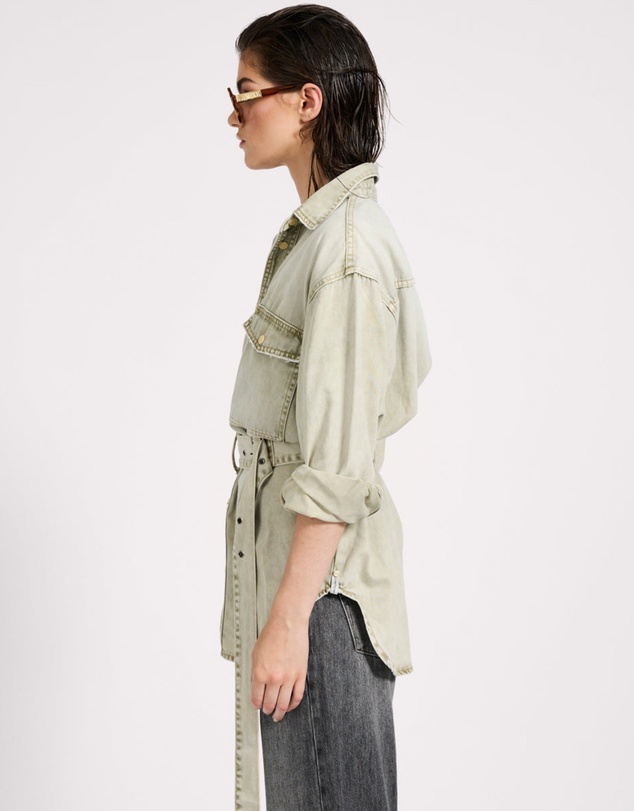 ONE TEASPOON - Belted Longline Denim Shirt - Antique Khaki