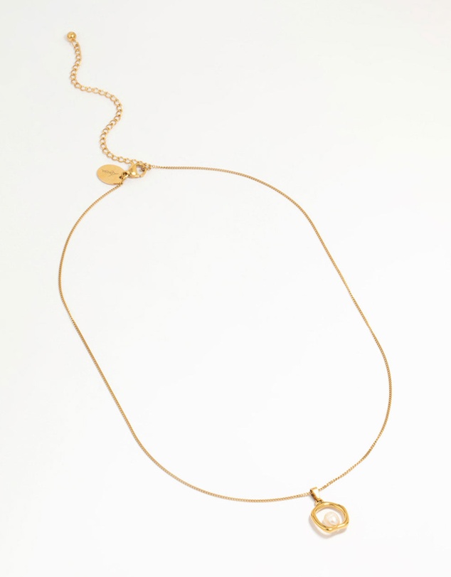 Lovisa - Waterproof Gold Plated Stainless Steel Freshwater Pearl Molten Hoop Pendant Necklace