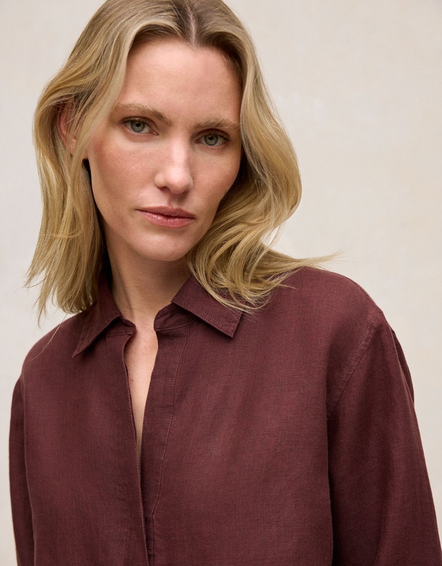 Trenery - Delave Linen Half Placket Shirt in Espresso