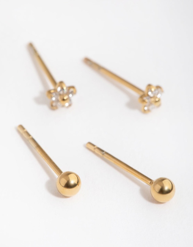 Lovisa - 24 Carat Gold Plated Surgical Steel Flower & Ball Pack Stud Earrings