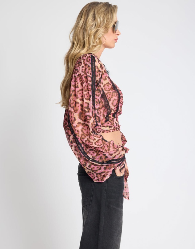 ONE TEASPOON - Songbird Sheer Balloon Sleeve Tie-Up Blouse - Pink Leopard