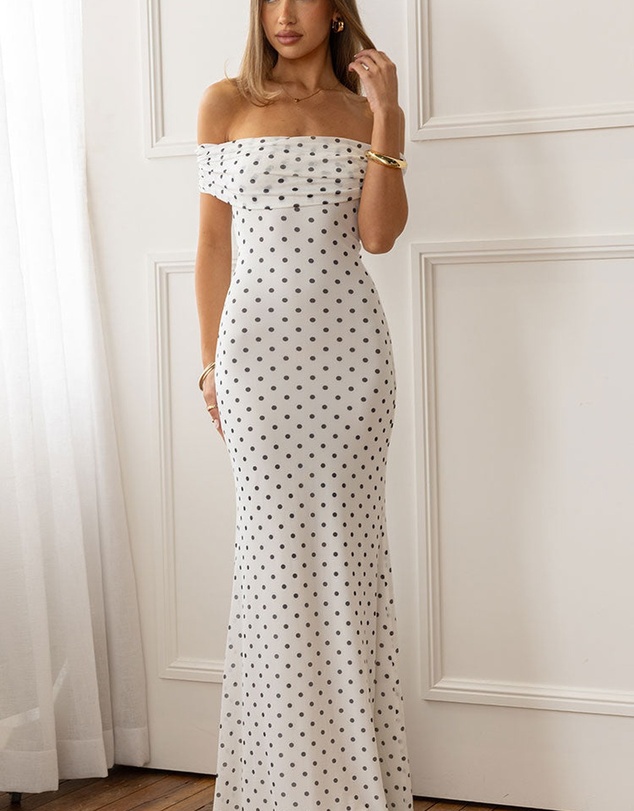 Beginning Boutique - Cole White Polka Mesh Maxi Dress
