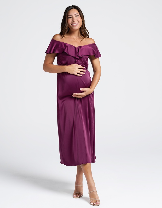 Angel Maternity - Mika Maternity Evening Ruffle Dress in Wine